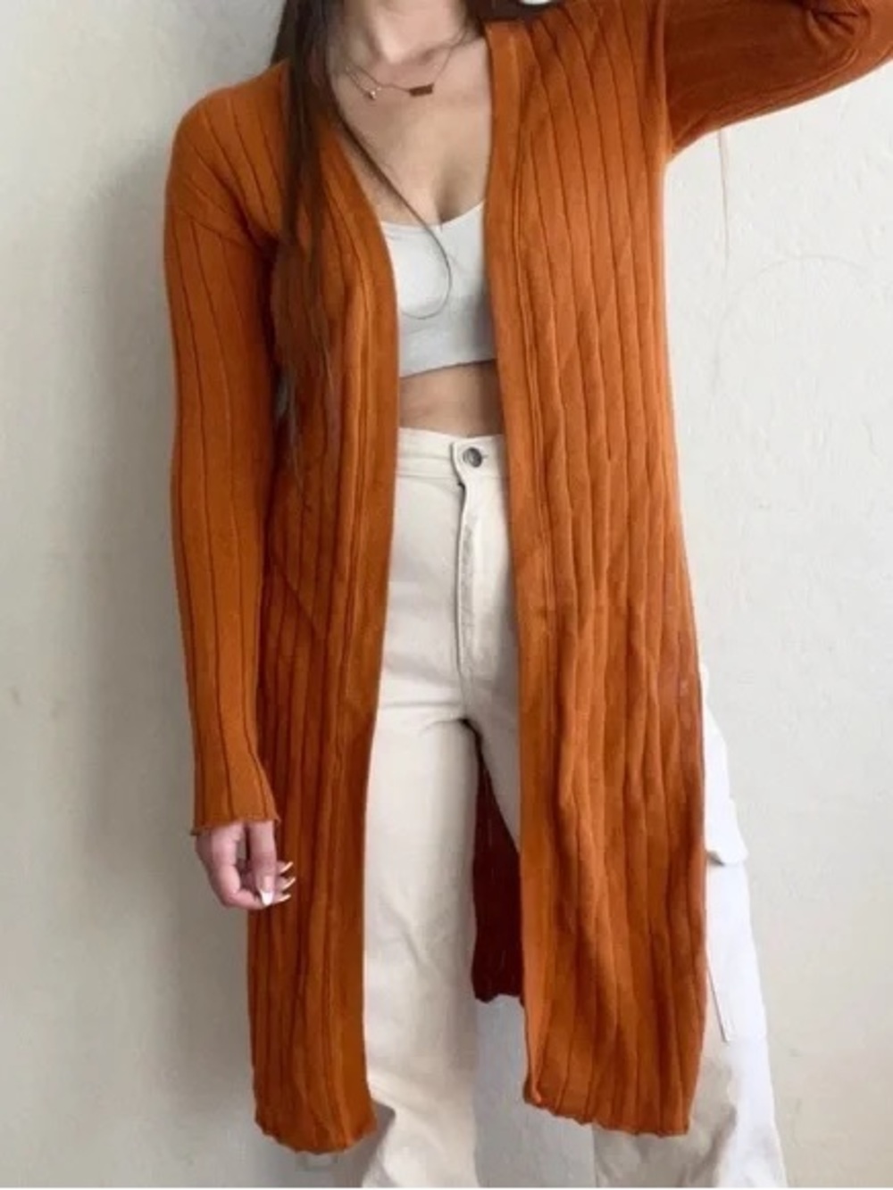 Free people Long Ribbed Open Cardigan in Rust Orange xs